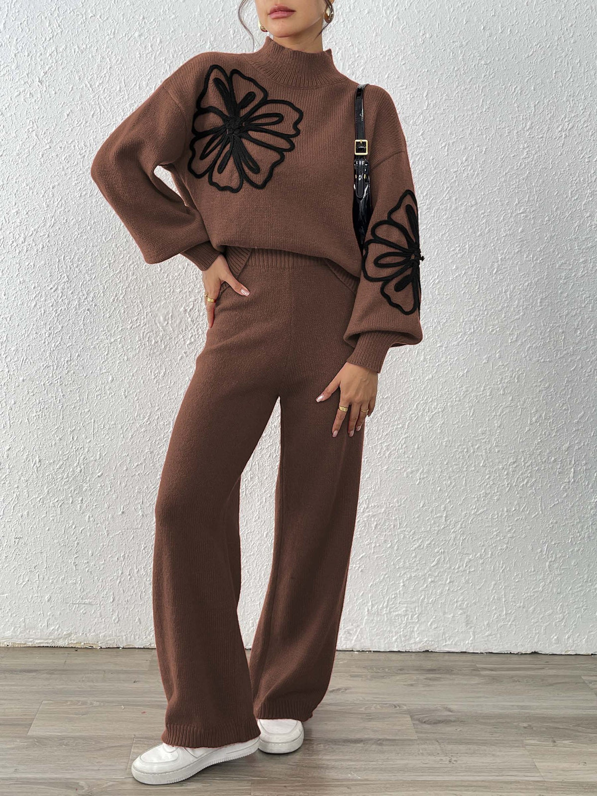Floral Motif Turtleneck Sweater and Pants Set - Coffee