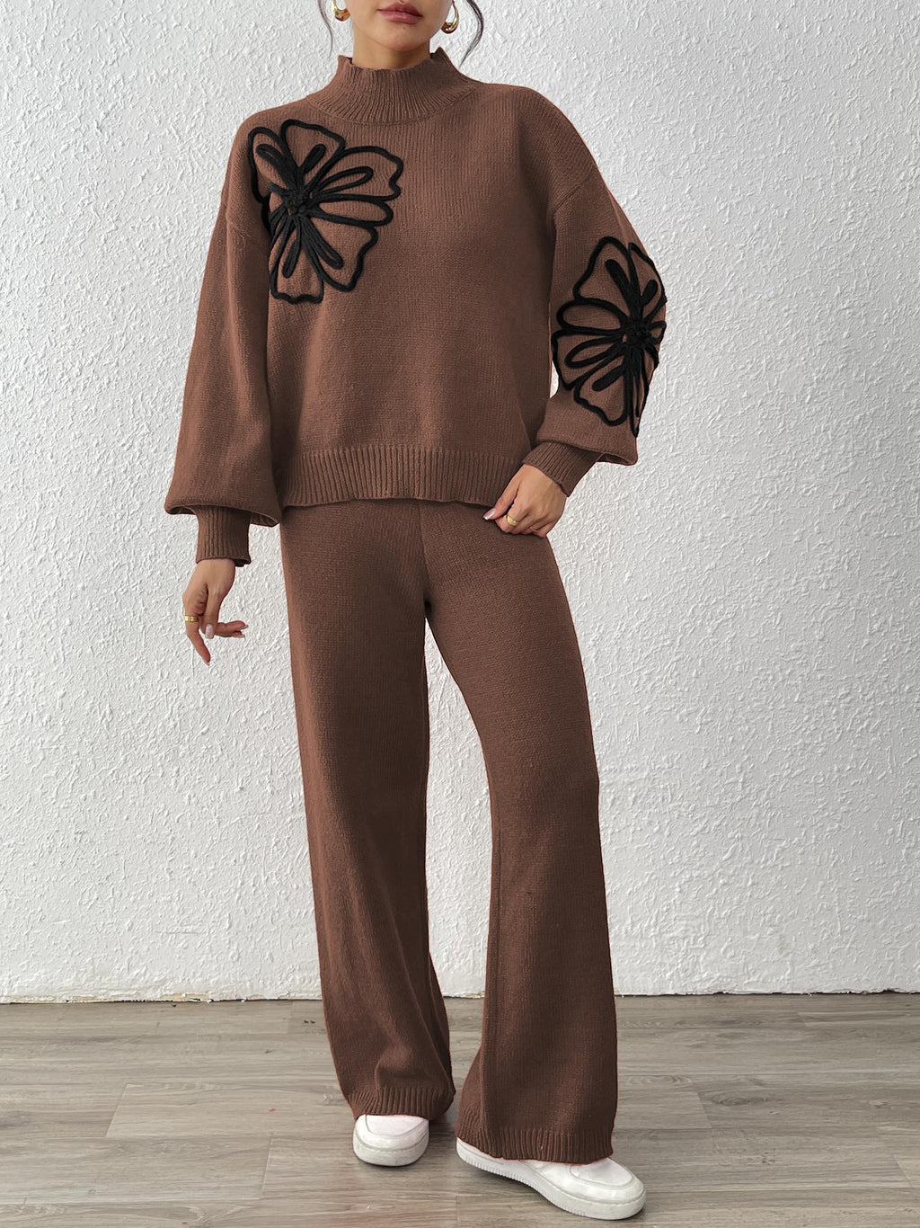 Floral Motif Turtleneck Sweater and Pants Set - Coffee - 1