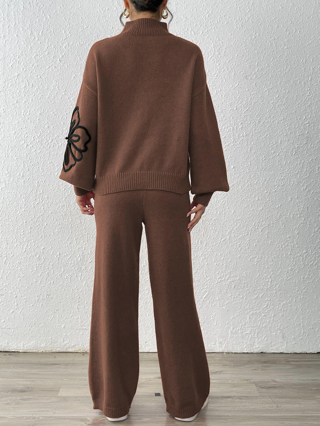 Floral Motif Turtleneck Sweater and Pants Set - Coffee - 2
