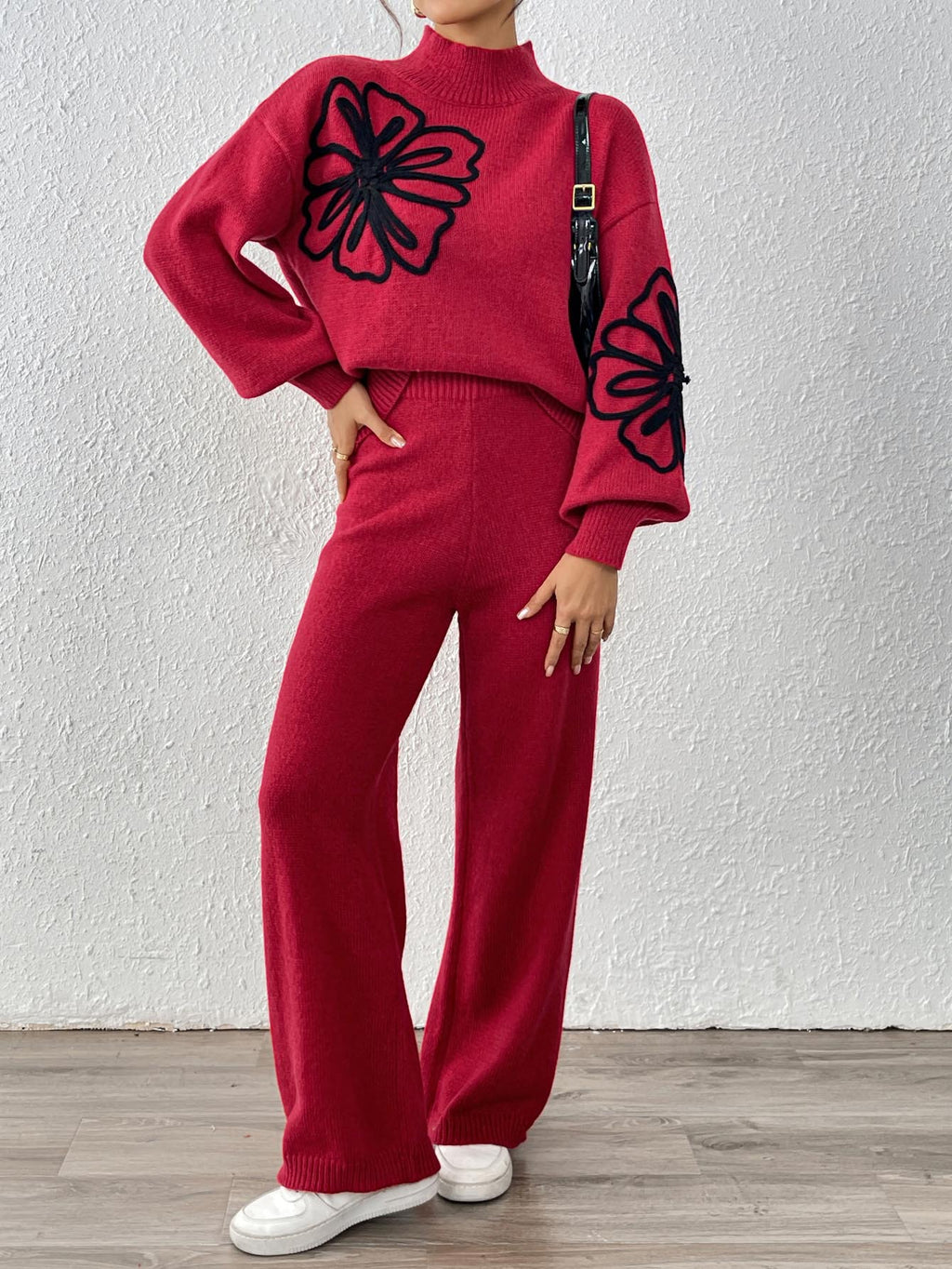Floral Motif Turtleneck Sweater and Pants Set - Red - 1