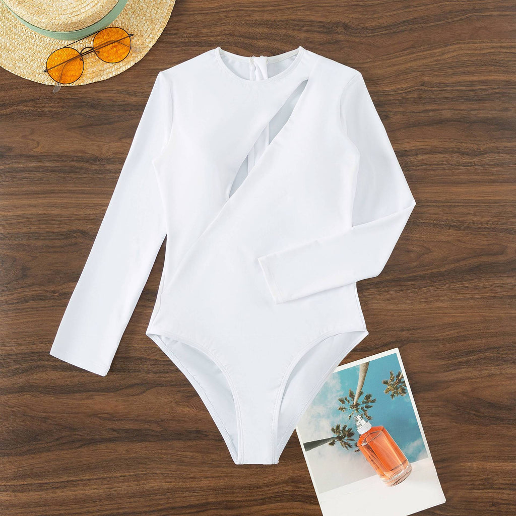 Long Sleeve Zip Back Surf Swimsuit - White - 4