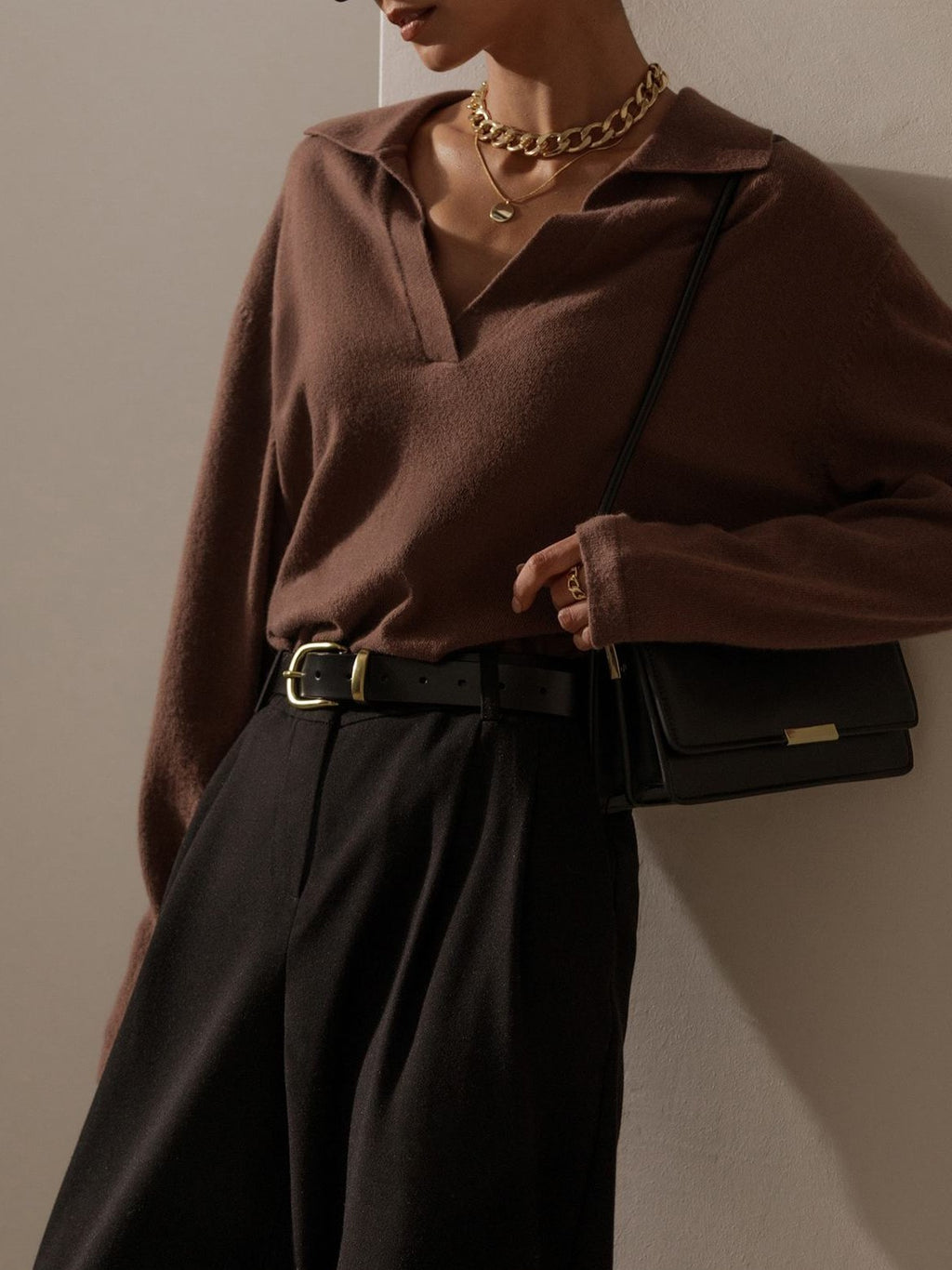 Soft Knit Collared Polo Pullover Sweater - Brown