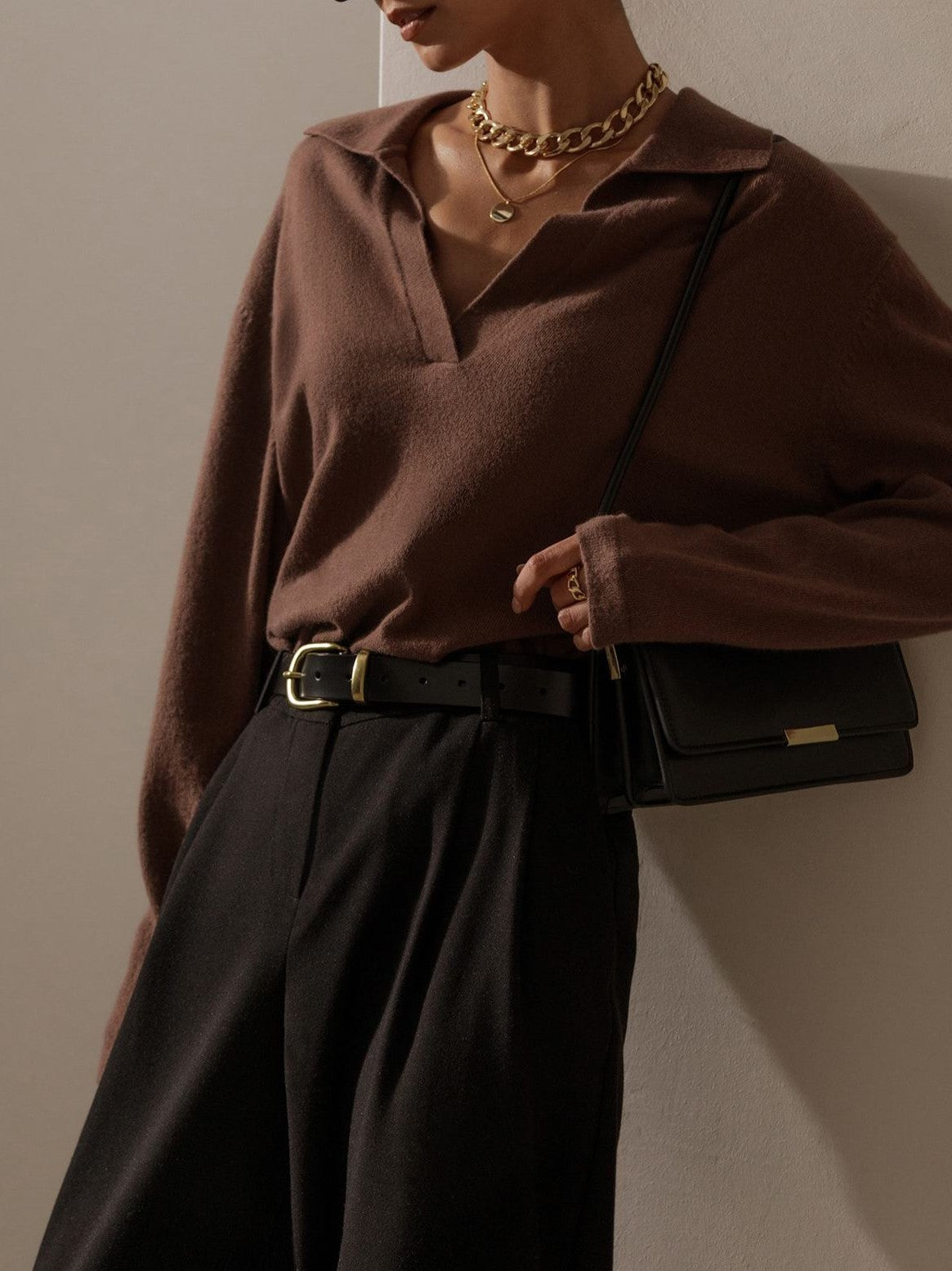 Soft Knit Collared Polo Pullover Sweater - Brown