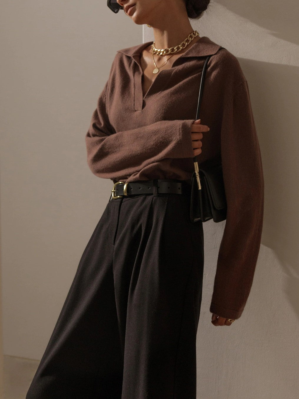 Soft Knit Collared Polo Pullover Sweater - Brown - 1