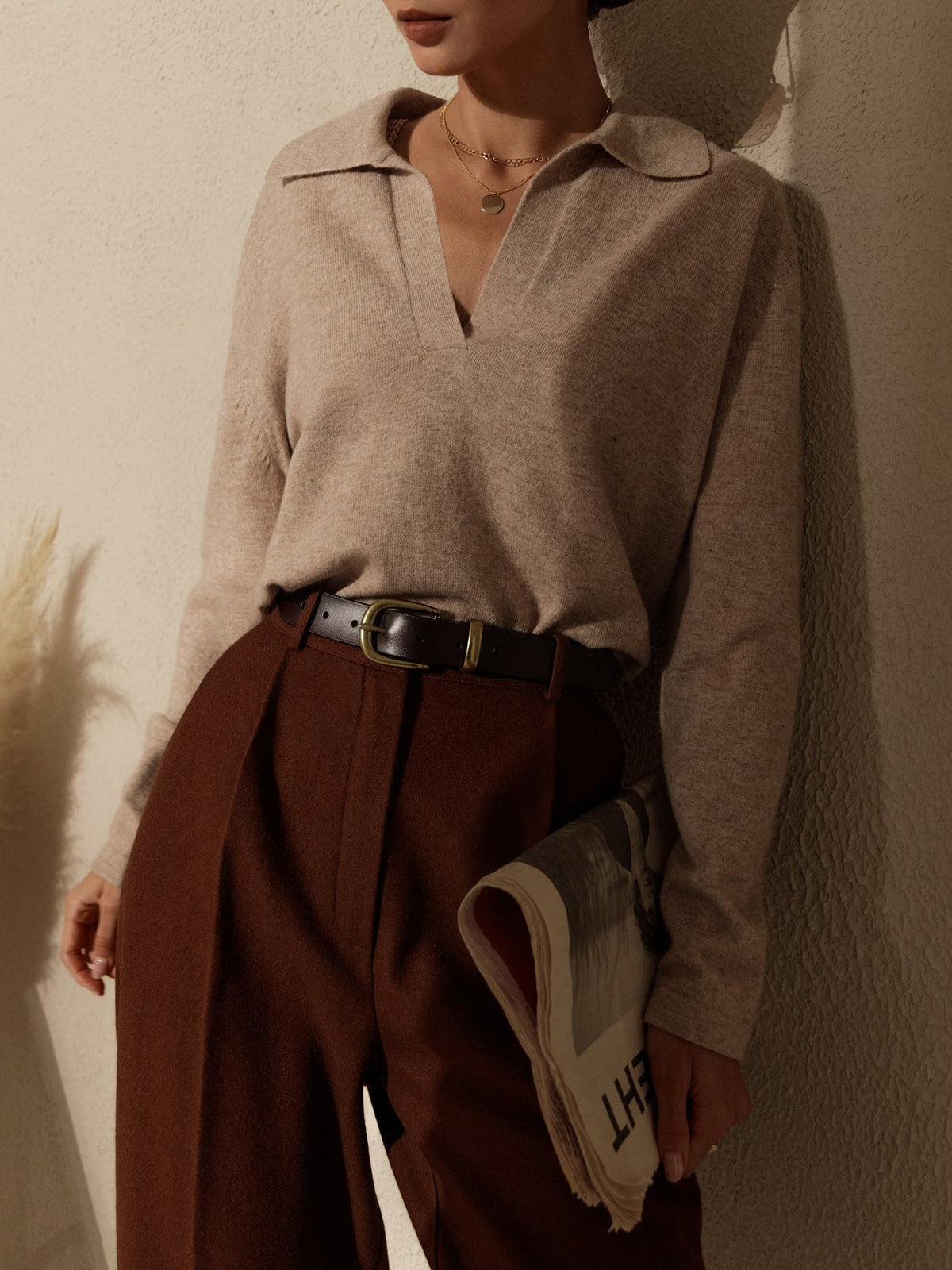 Soft Knit Collared Polo Pullover Sweater - Tan - 1