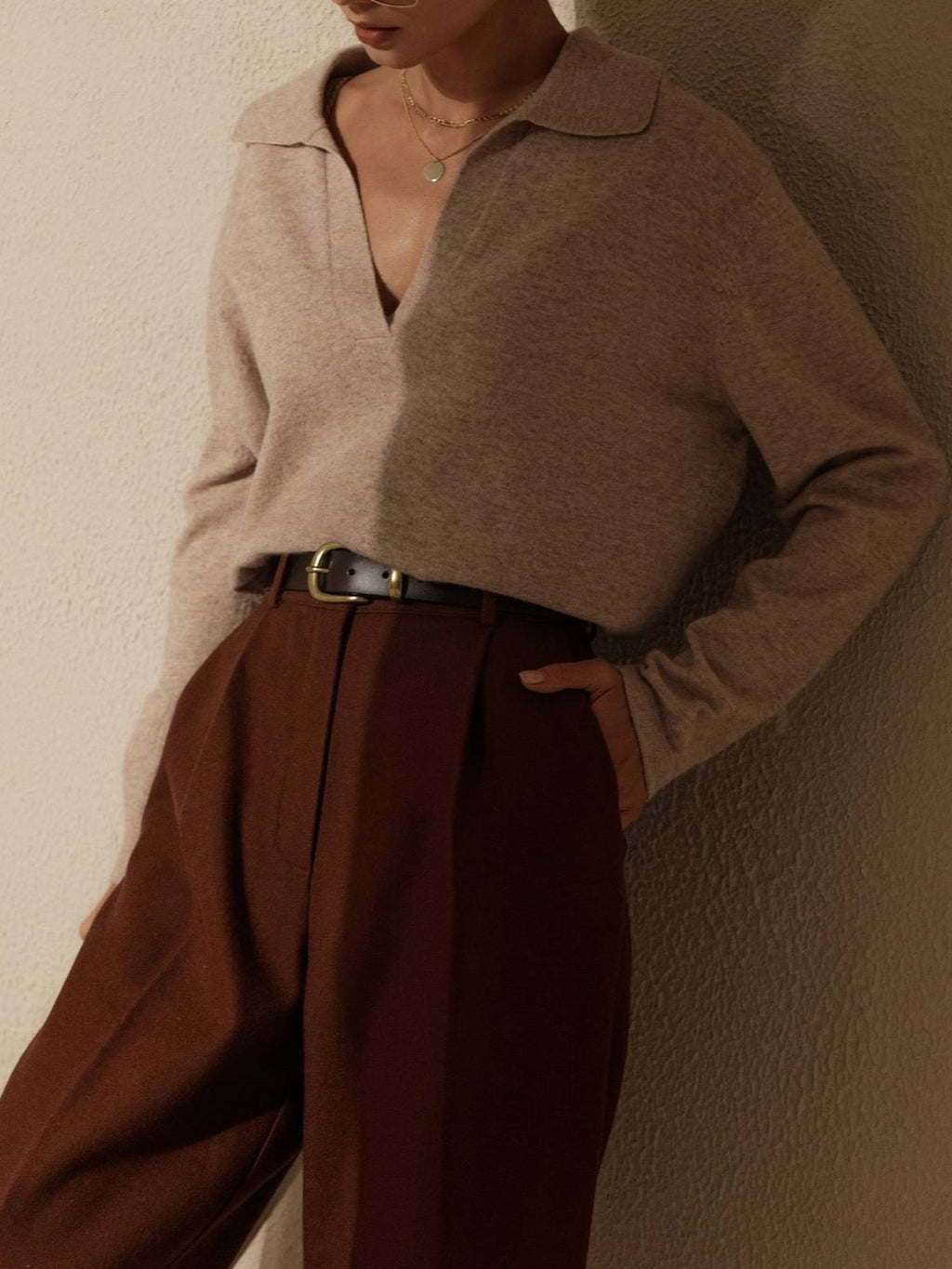 Soft Knit Collared Polo Pullover Sweater - Tan - 3