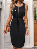 Zip Front Drawstring Waist Sleeveless Dress - Black