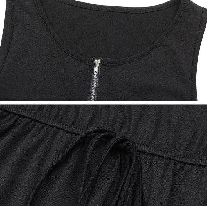 Zip Front Drawstring Waist Sleeveless Dress - Black - 2