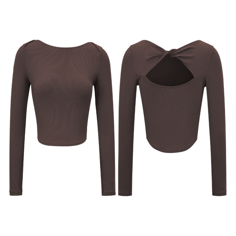 Twist Open Back Long Sleeve Yoga Top - Brown