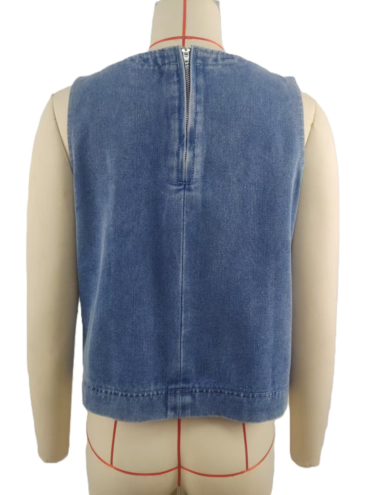 Sleeveless Denim Tank Top With Back Zip - Blue - 2