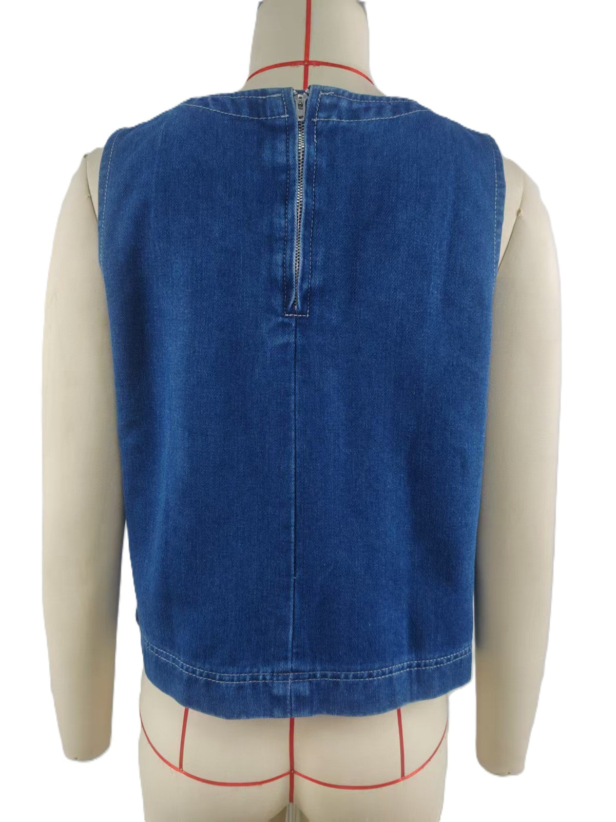 Sleeveless Denim Tank Top With Back Zip - DarkBlue - 1
