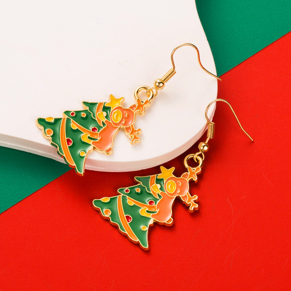 Enamel Wreath And Snowman Hook Earrings - Tree - 1