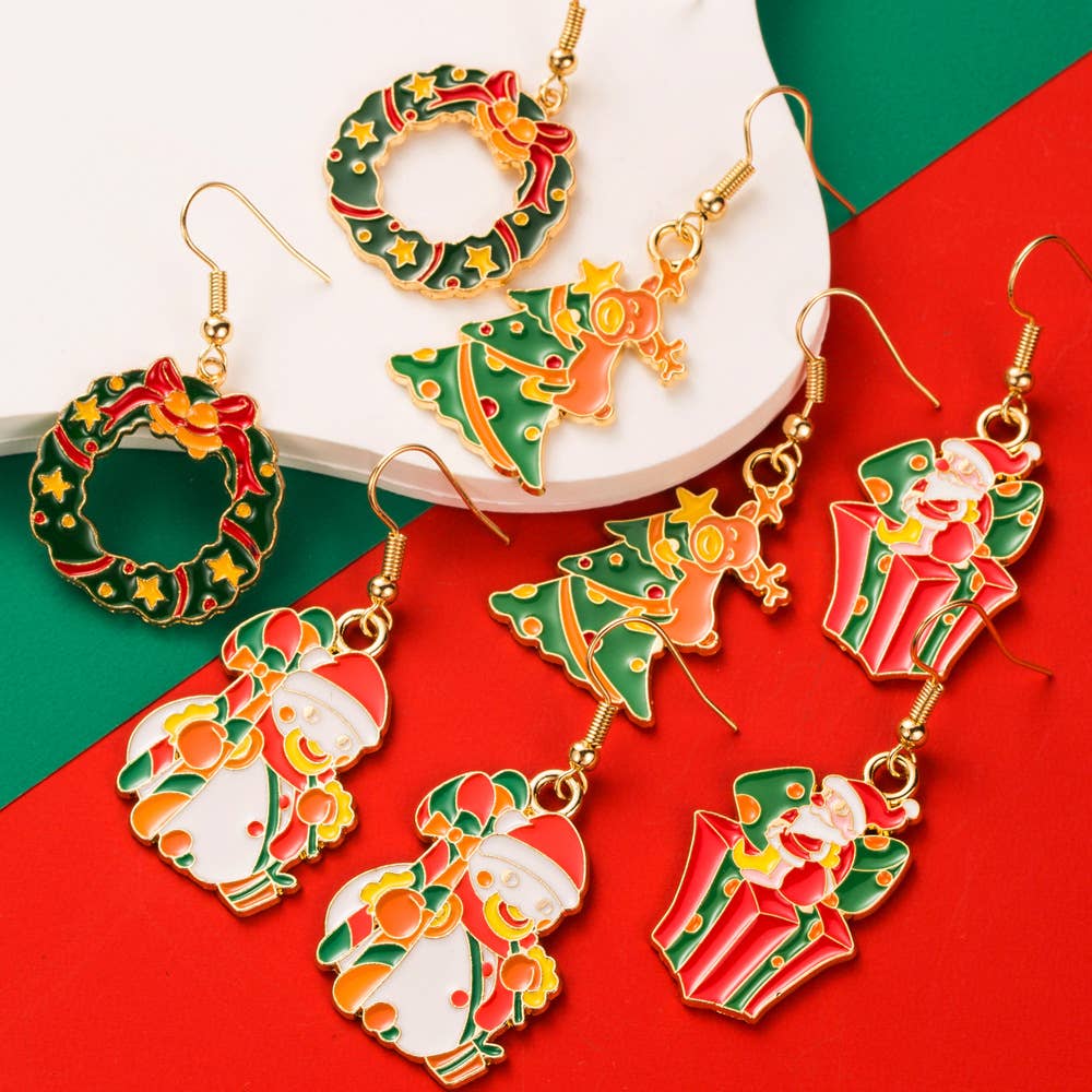 Enamel Wreath And Snowman Hook Earrings