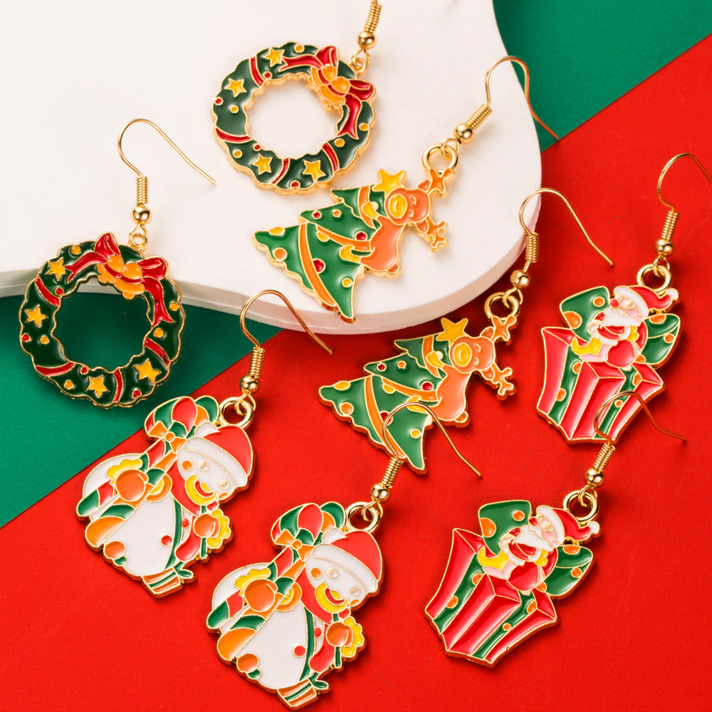 Enamel Wreath And Snowman Hook Earrings - view 1