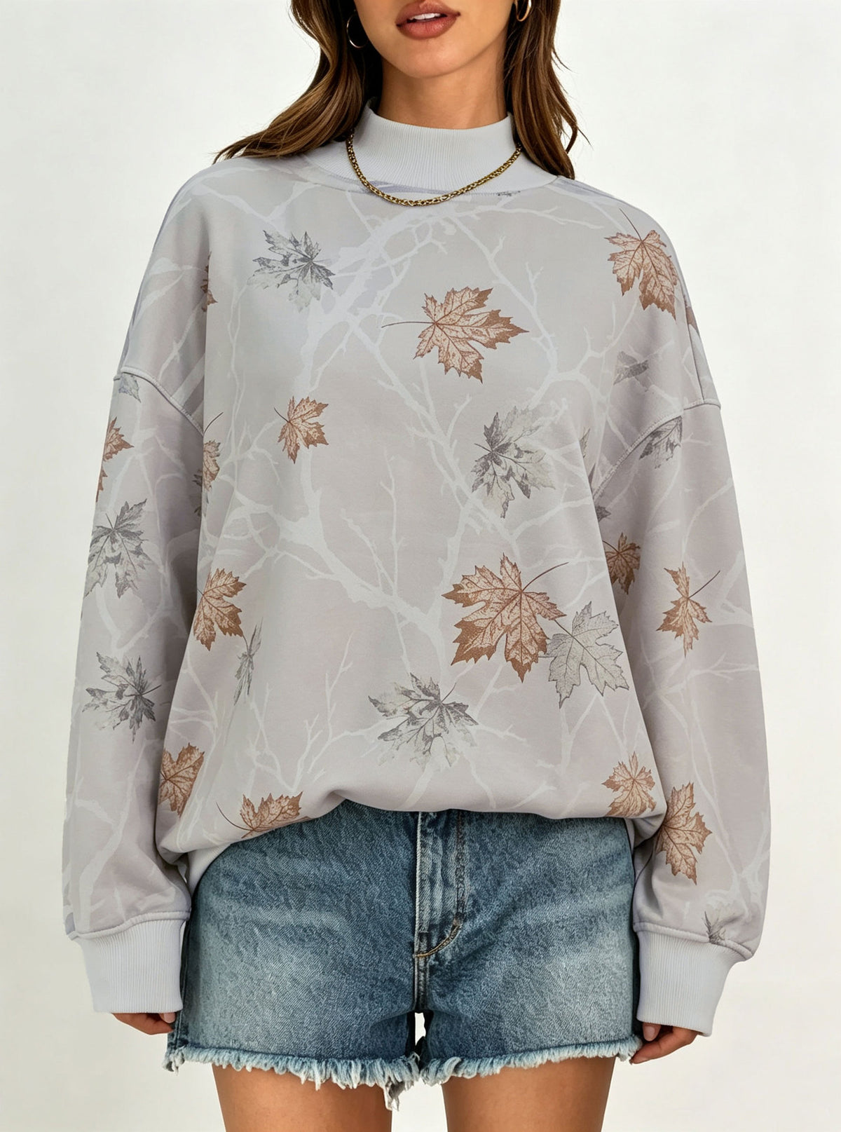 Polka Dot Stripe Camo Print Drop Shoulder Sweatshirt - Camo_01