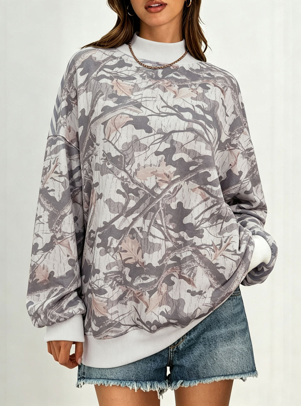 Polka Dot Stripe Camo Print Drop Shoulder Sweatshirt - Camo_02