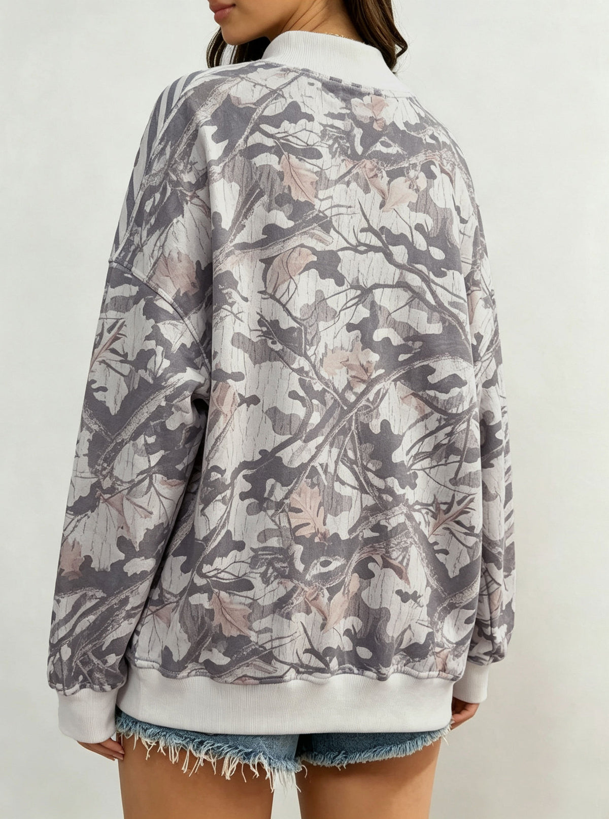 Polka Dot Stripe Camo Print Drop Shoulder Sweatshirt - Camo_02 - 2
