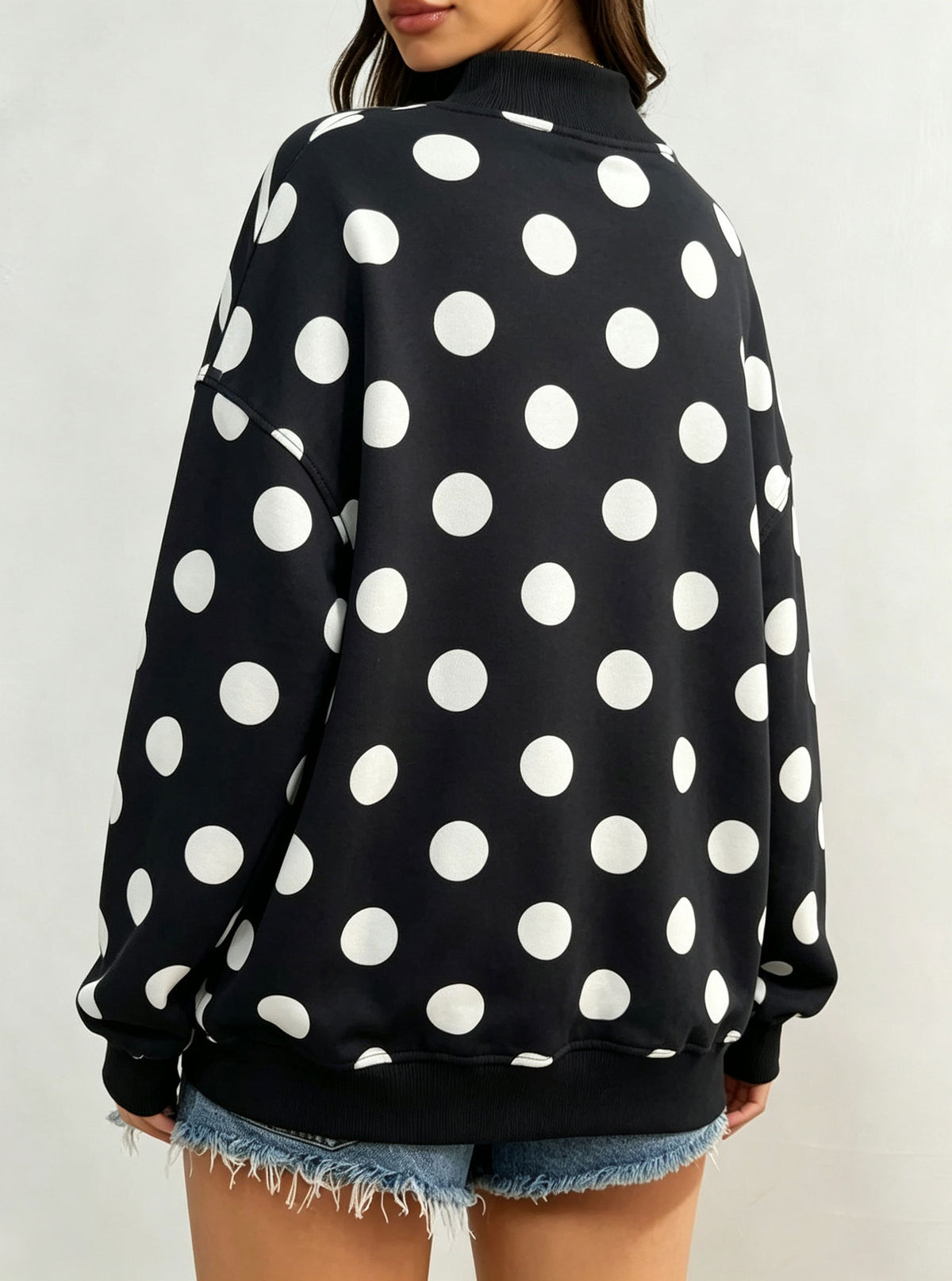 Polka Dot Stripe Camo Print Drop Shoulder Sweatshirt - Polka_Black - 1