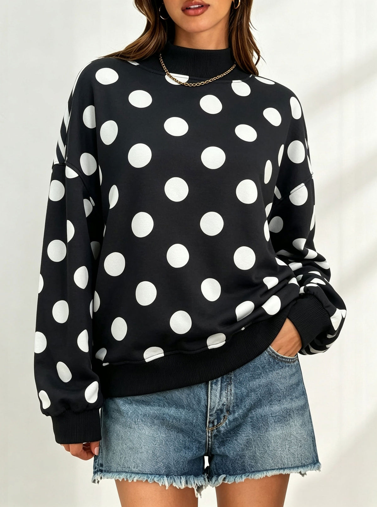 Polka Dot Stripe Camo Print Drop Shoulder Sweatshirt - Polka_Black - 2
