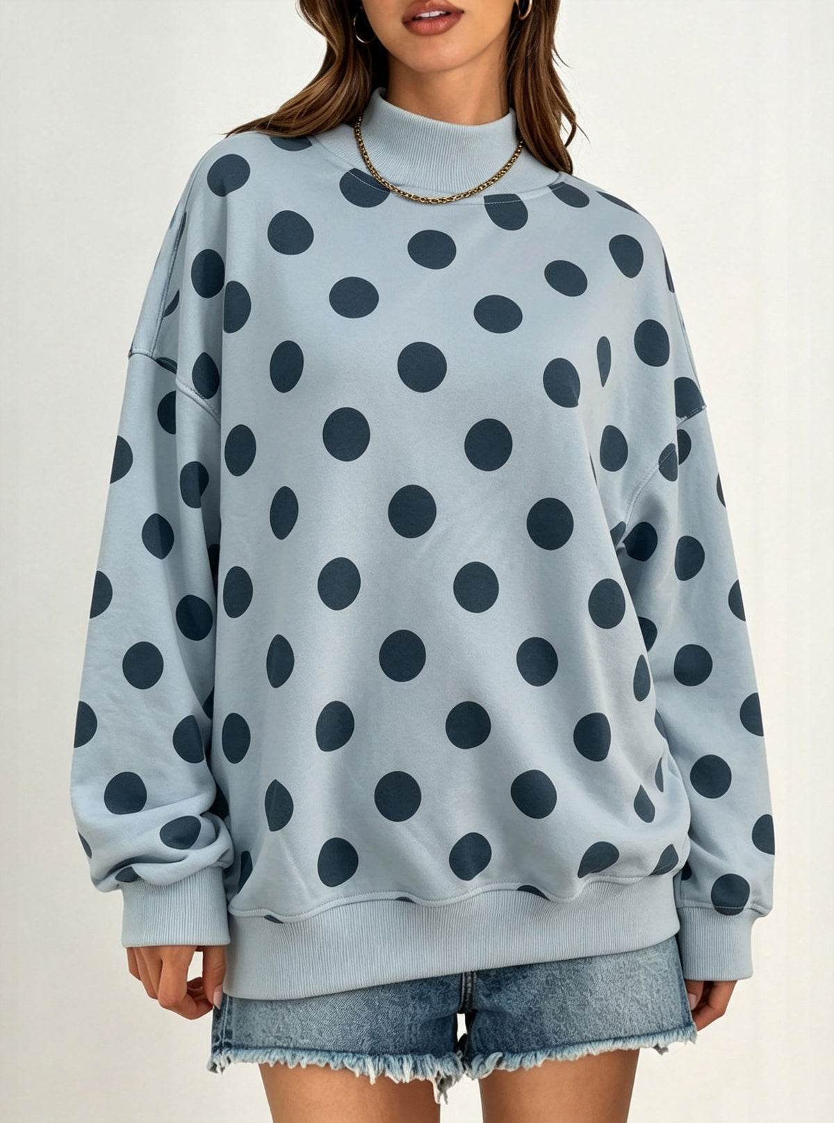 Polka Dot Stripe Camo Print Drop Shoulder Sweatshirt - Polka_Blue