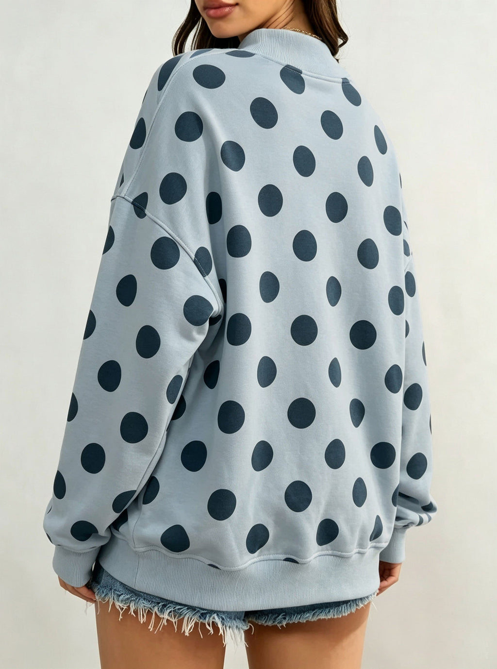 Polka Dot Stripe Camo Print Drop Shoulder Sweatshirt - Polka_Blue - 2
