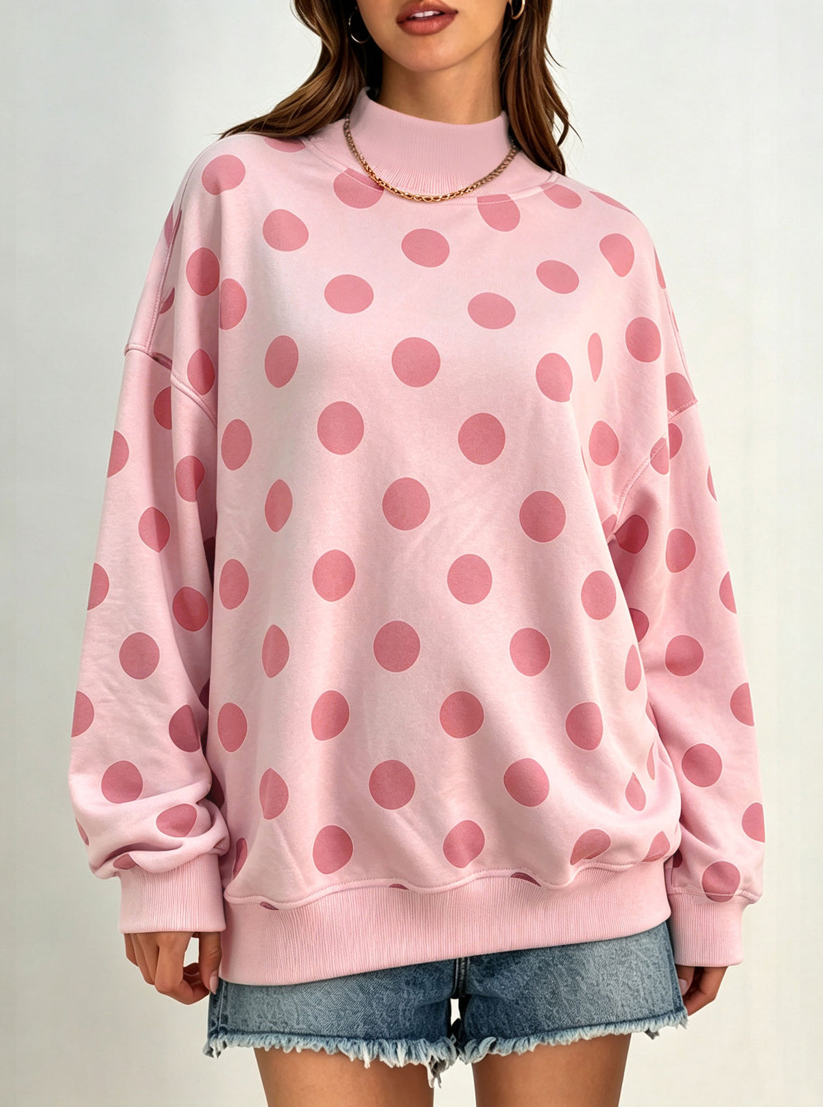 Polka Dot Stripe Camo Print Drop Shoulder Sweatshirt - Polka_Pink - 1