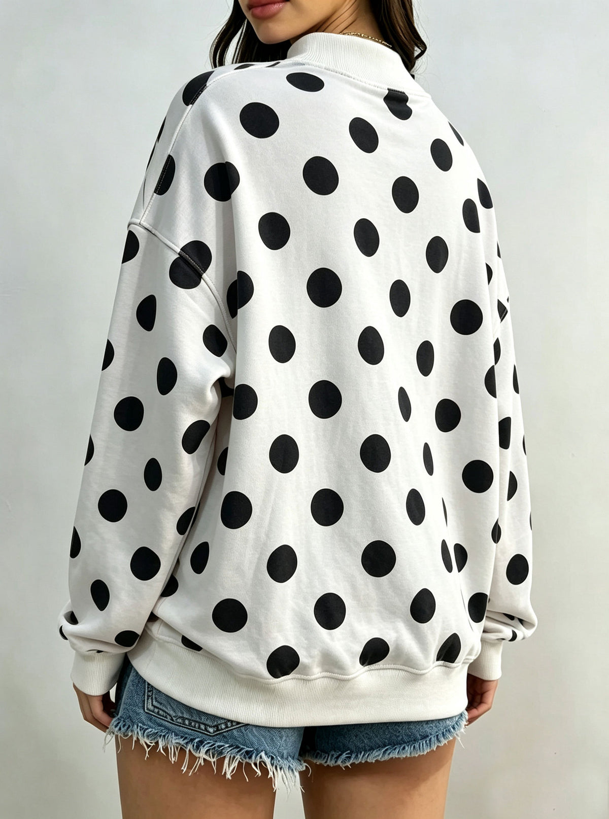 Polka Dot Stripe Camo Print Drop Shoulder Sweatshirt - Polka_White - 1