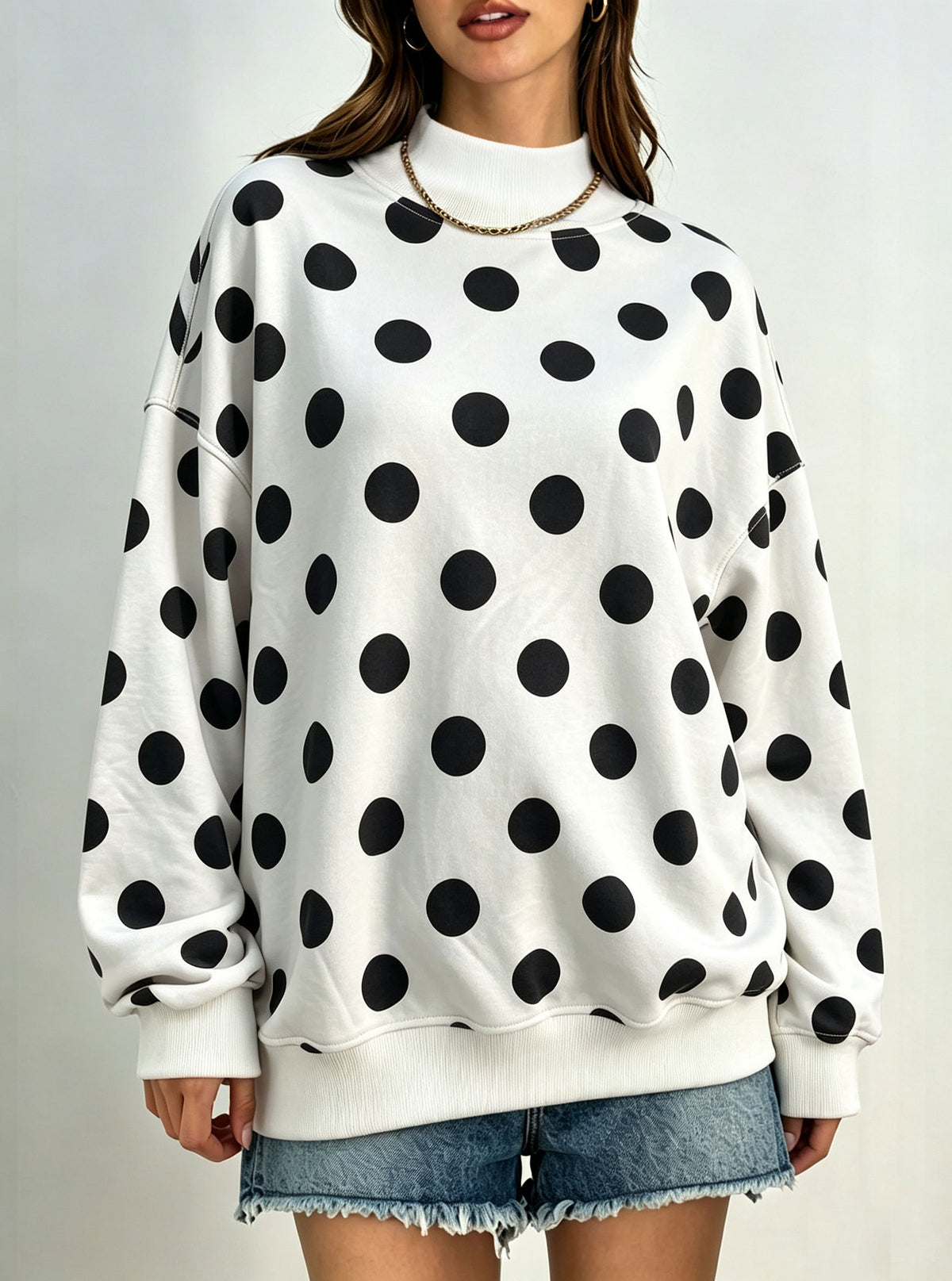 Polka Dot Stripe Camo Print Drop Shoulder Sweatshirt - Polka_White - 2