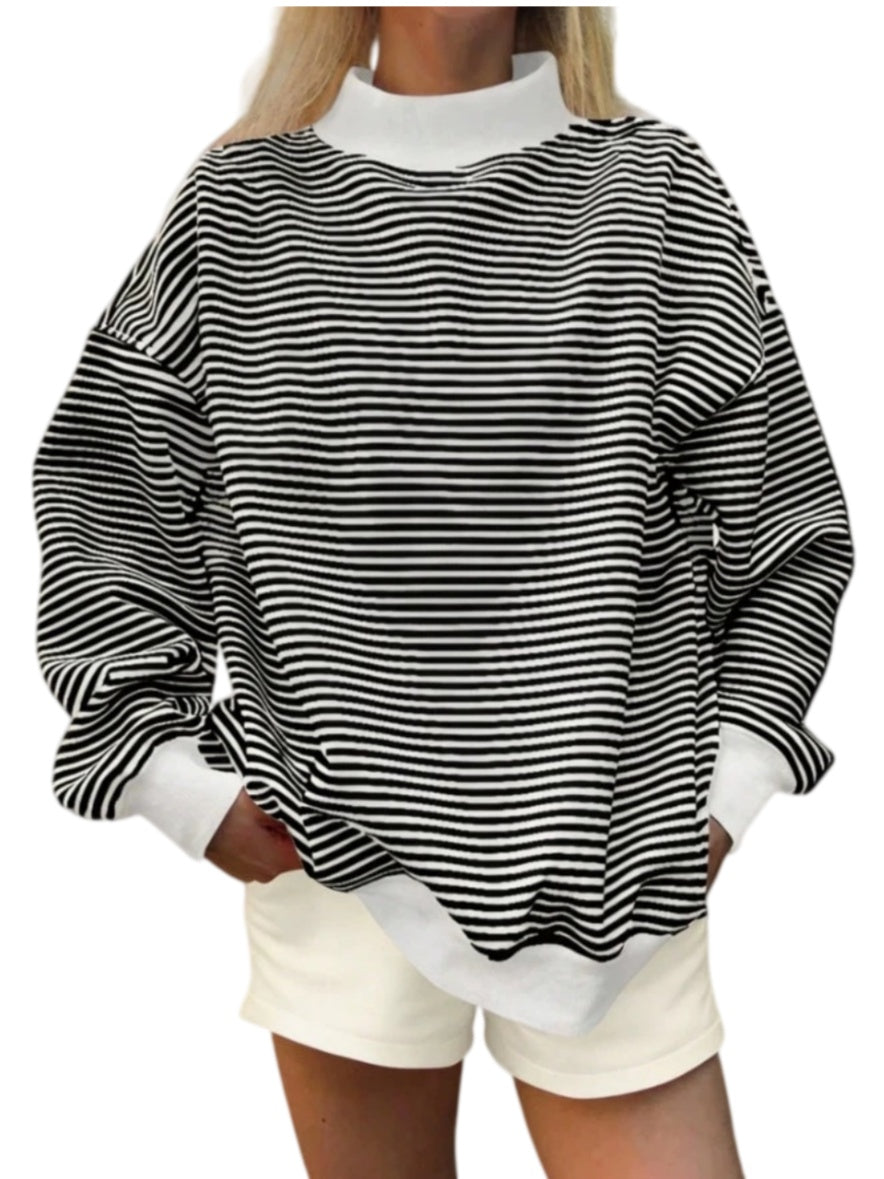 Polka Dot Stripe Camo Print Drop Shoulder Sweatshirt - Stripe_Black
