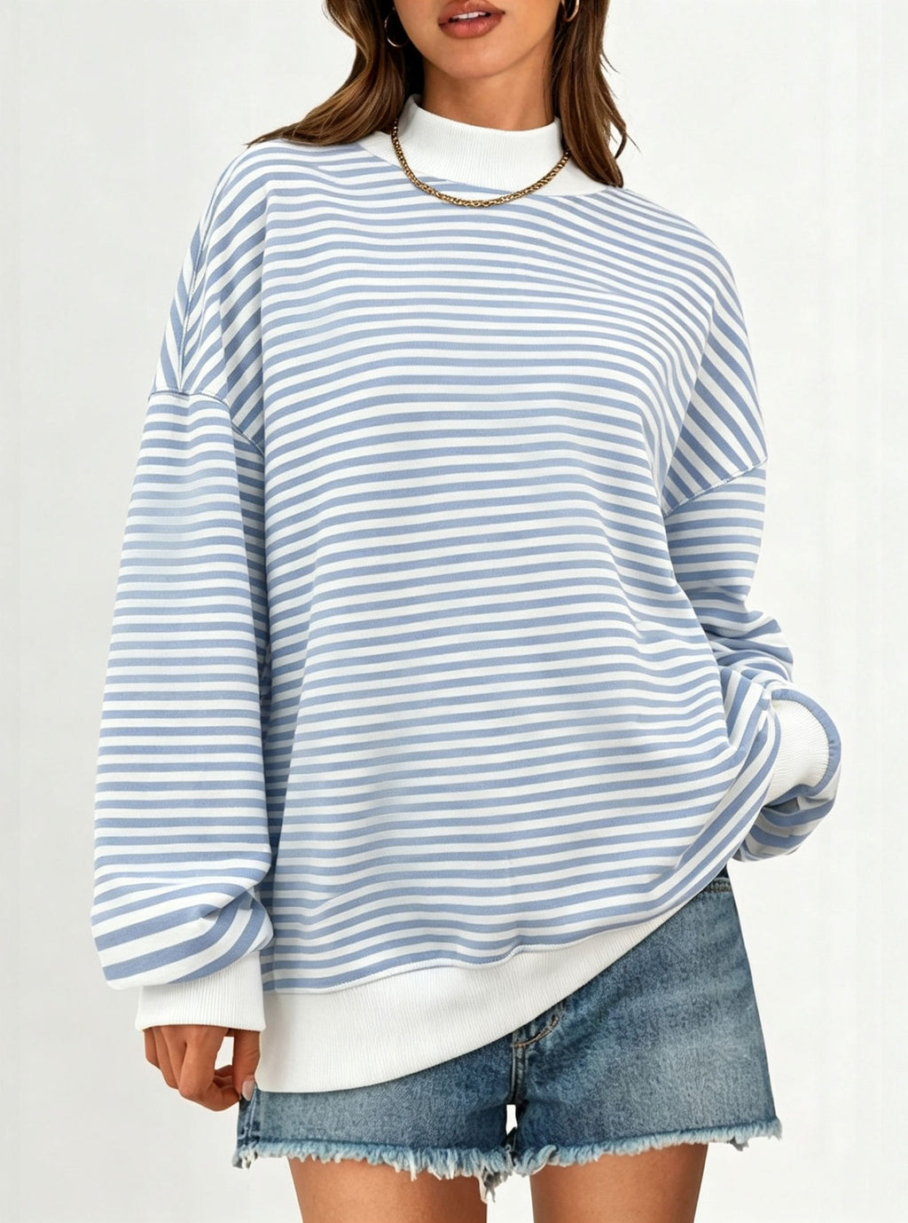 Polka Dot Stripe Camo Print Drop Shoulder Sweatshirt - Stripe_Blue