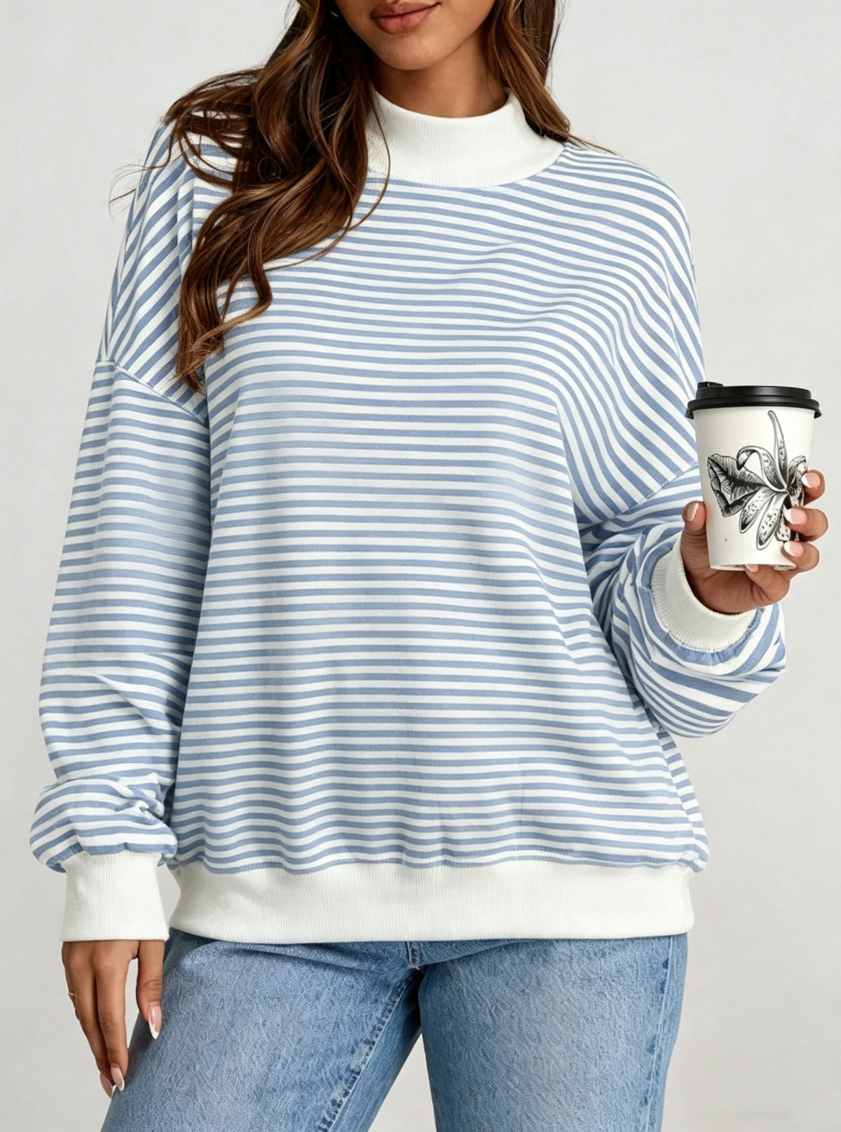 Polka Dot Stripe Camo Print Drop Shoulder Sweatshirt - Stripe_Blue - 1