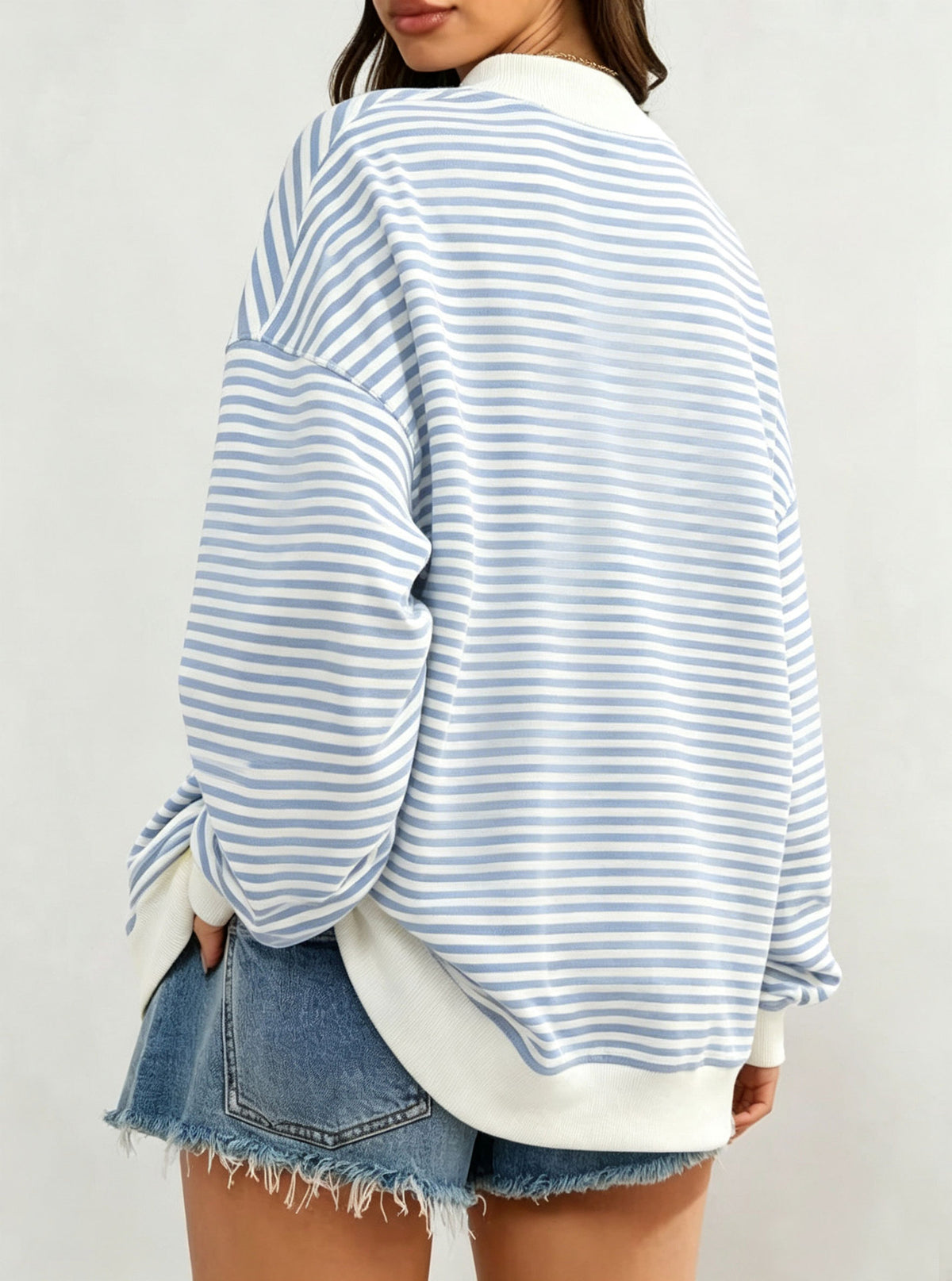 Polka Dot Stripe Camo Print Drop Shoulder Sweatshirt - Stripe_Blue - 3