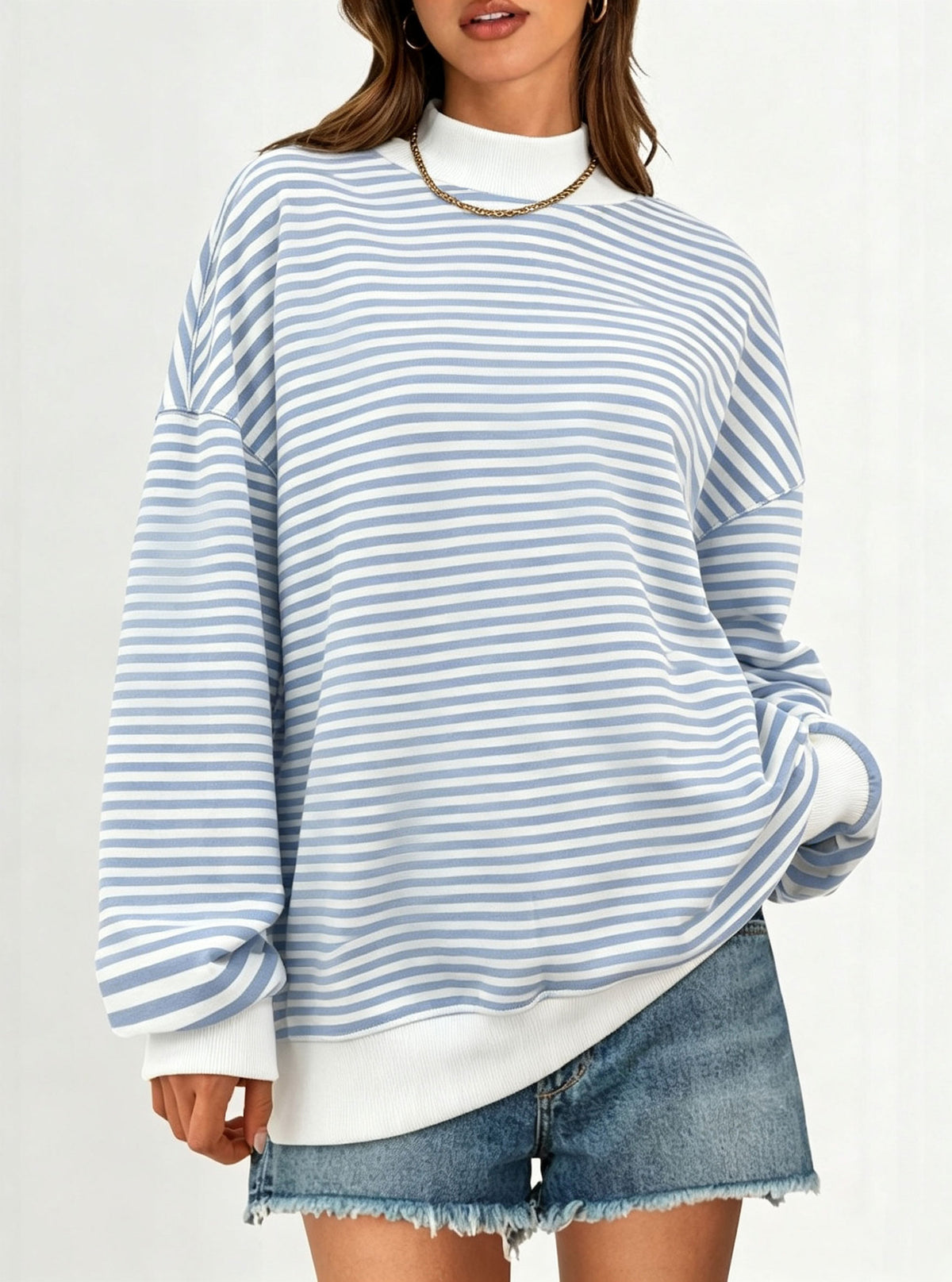 Polka Dot Stripe Camo Print Drop Shoulder Sweatshirt - Stripe_Blue - 4