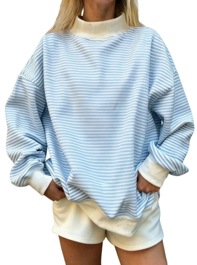 Polka Dot Stripe Camo Print Drop Shoulder Sweatshirt - Stripe_Blue - 5