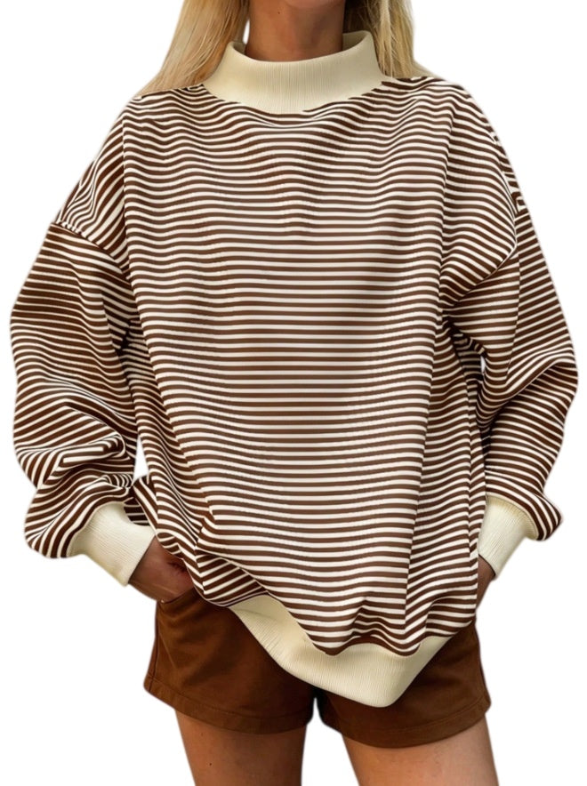 Polka Dot Stripe Camo Print Drop Shoulder Sweatshirt - Stripe_Brown
