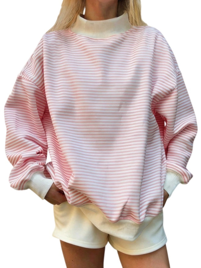 Polka Dot Stripe Camo Print Drop Shoulder Sweatshirt - Stripe_Pink - 1