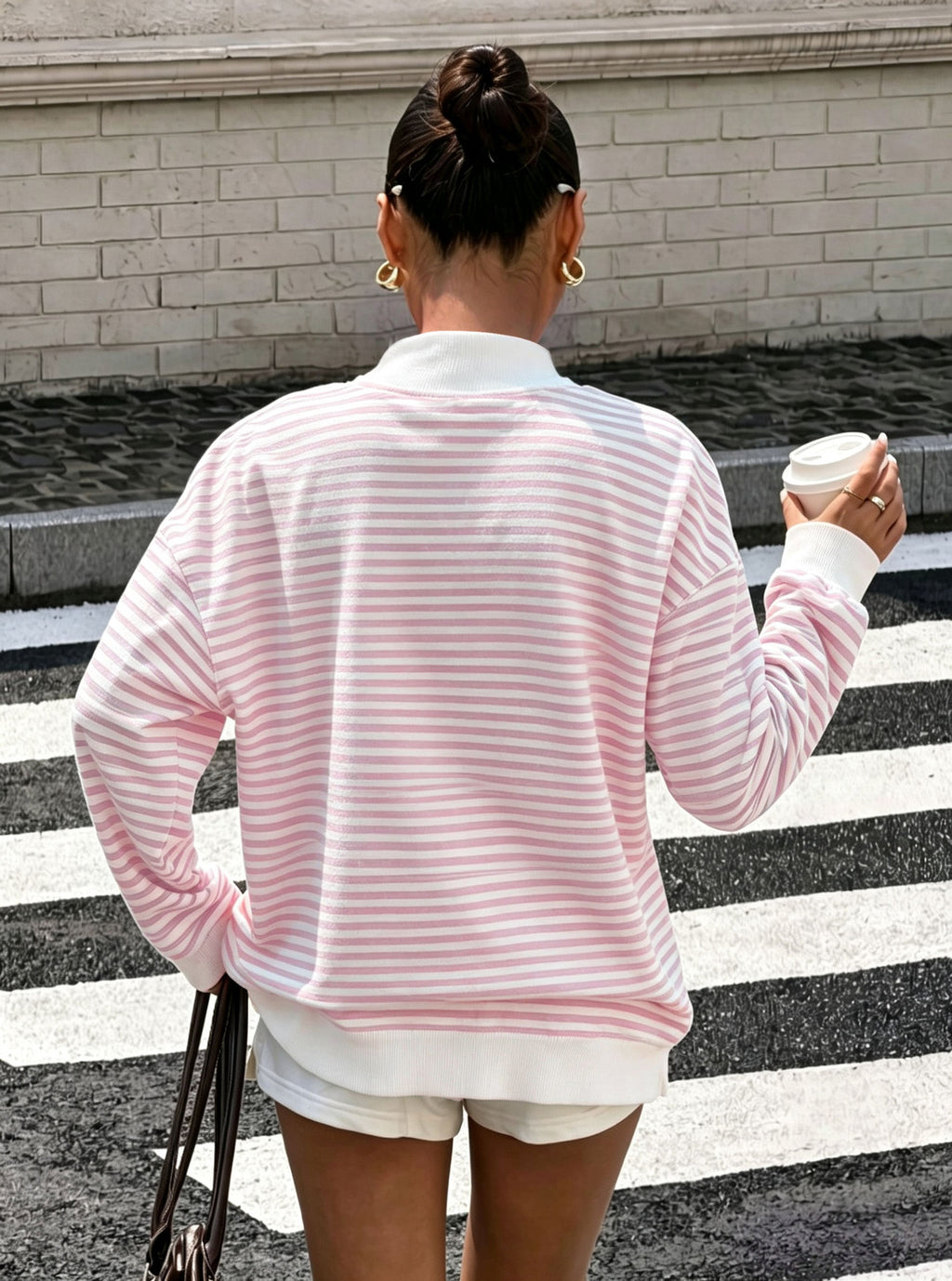 Polka Dot Stripe Camo Print Drop Shoulder Sweatshirt - Stripe_Pink - 2