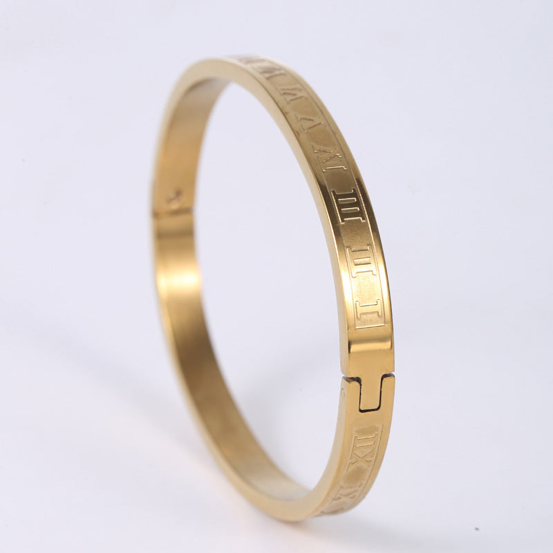 Roman Numeral Engraved Bangle Bracelet - Gold