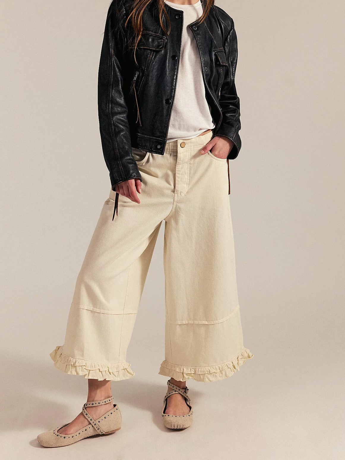 Ruffle Hem Cropped Wide Leg Boho Jeans - Beige