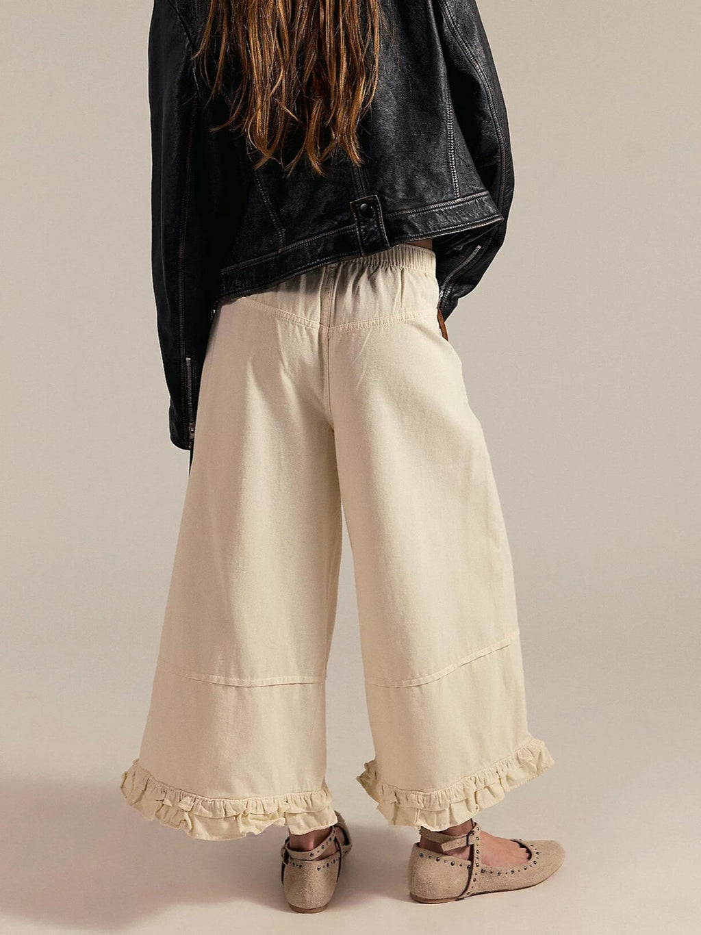 Ruffle Hem Cropped Wide Leg Boho Jeans - Beige - 1