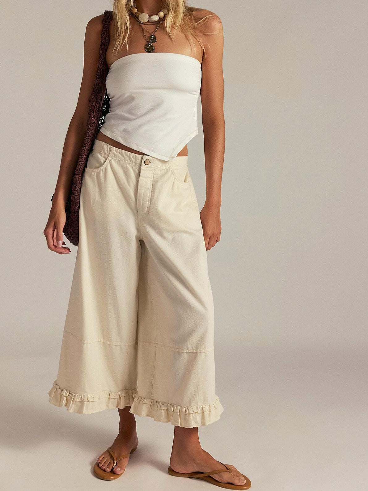 Ruffle Hem Cropped Wide Leg Boho Jeans - Beige - 2