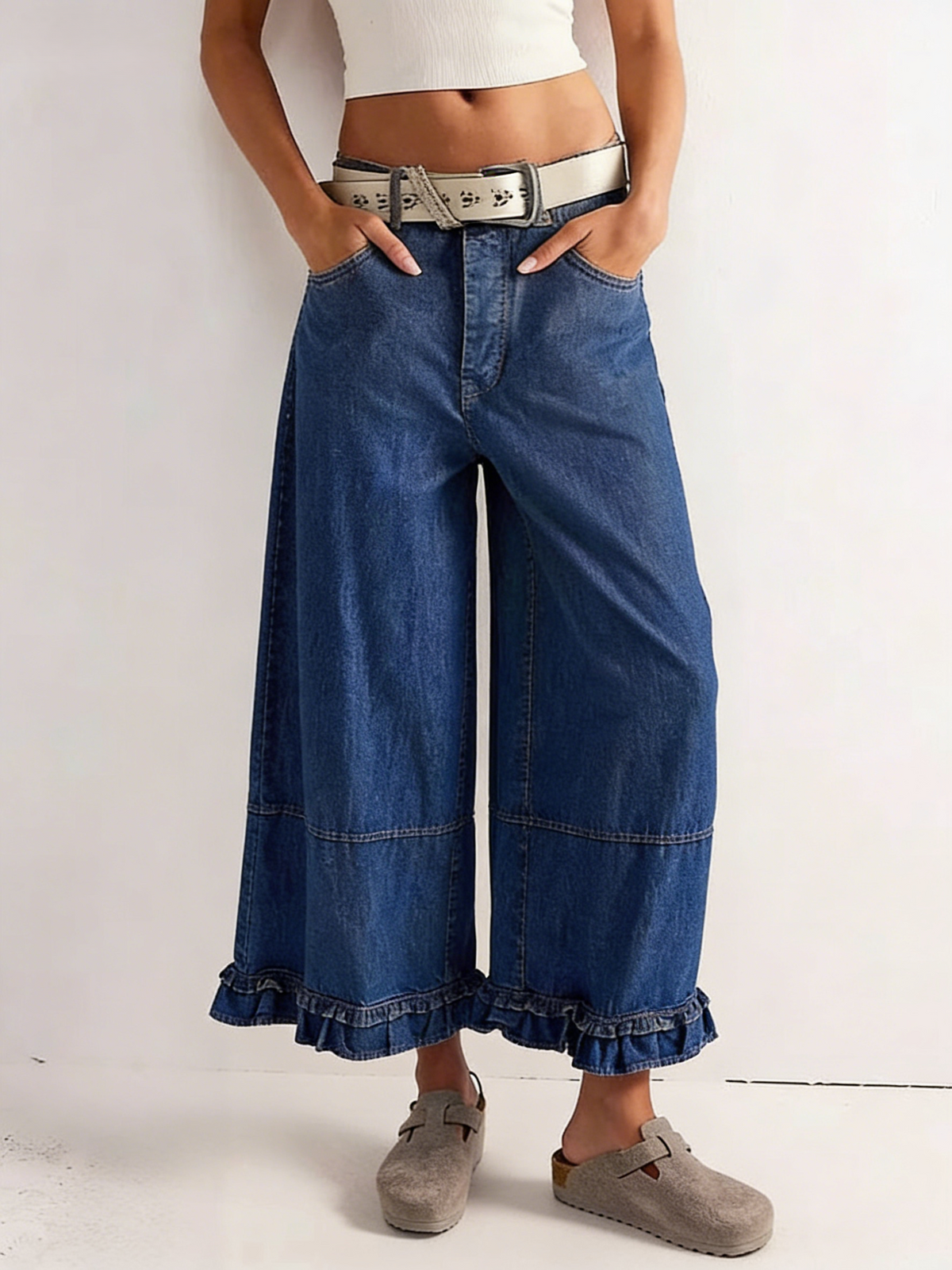 Ruffle Hem Cropped Wide Leg Boho Jeans - DarkBlue
