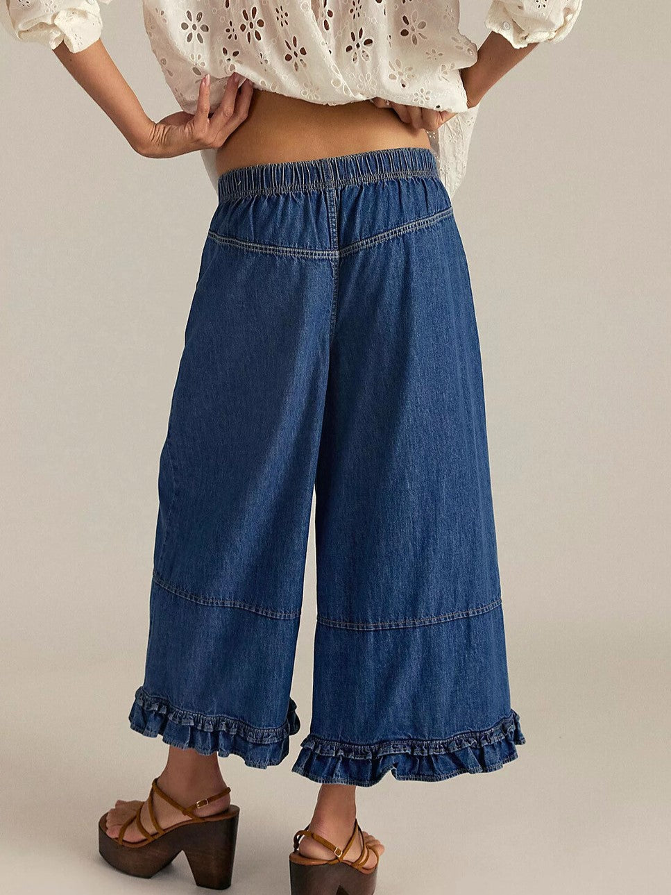 Ruffle Hem Cropped Wide Leg Boho Jeans - DarkBlue - 1