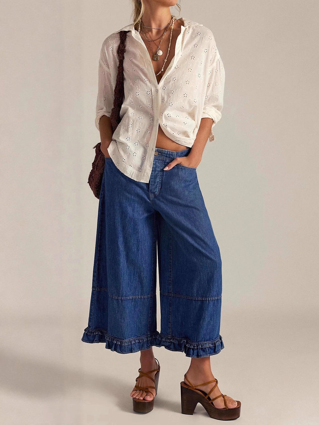 Ruffle Hem Cropped Wide Leg Boho Jeans - DarkBlue - 2