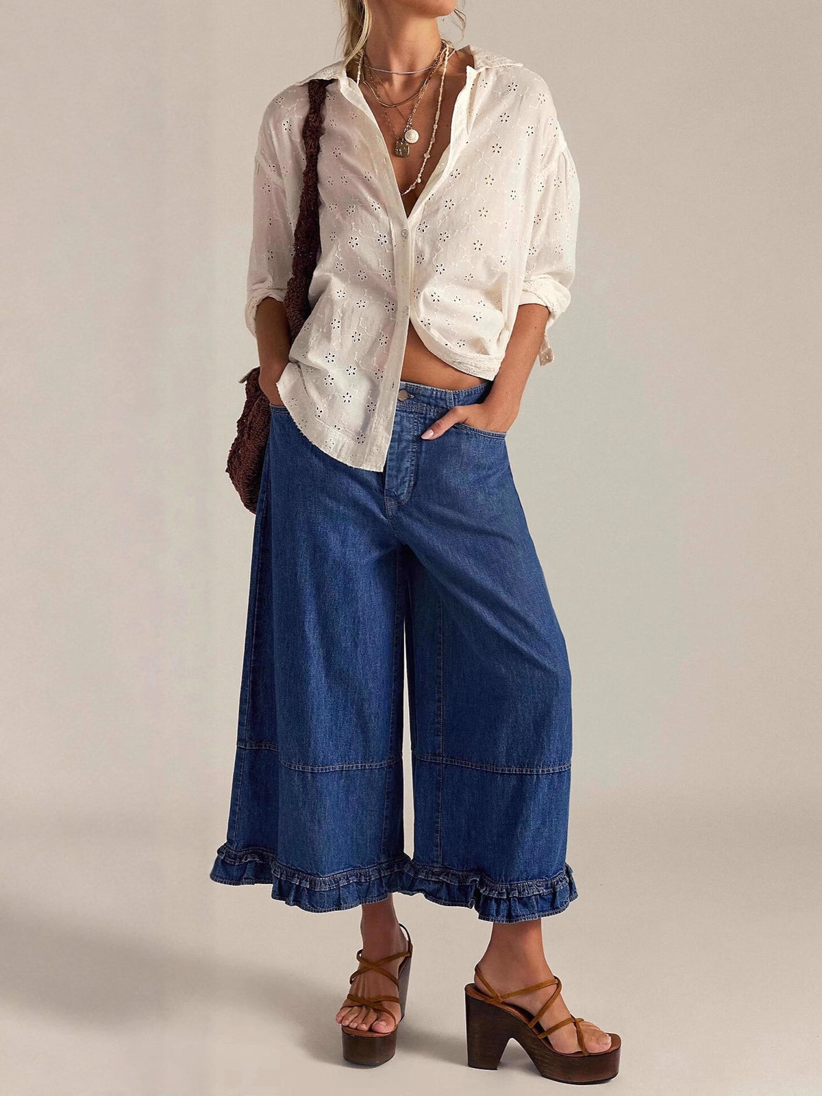 Ruffle Hem Cropped Wide Leg Boho Jeans - DarkBlue - 2