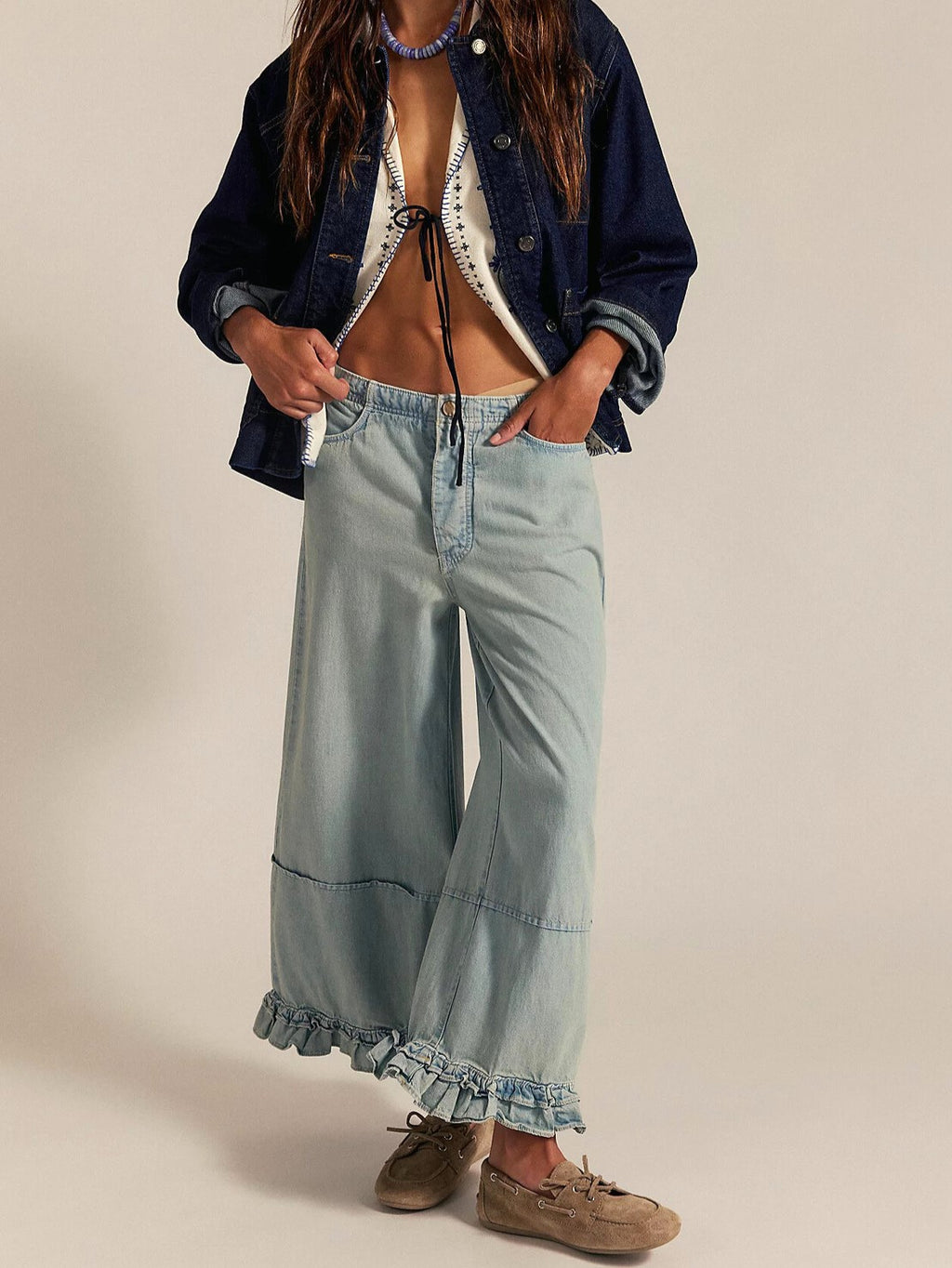 Ruffle Hem Cropped Wide Leg Boho Jeans - LtBlue