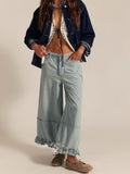 Ruffle Hem Cropped Wide Leg Boho Jeans - LtBlue