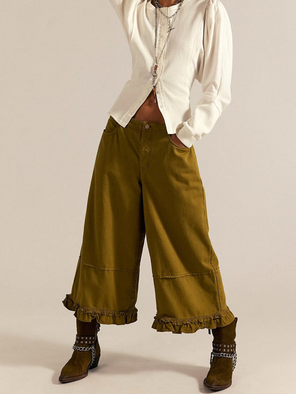 Ruffle Hem Cropped Wide Leg Boho Jeans - Olive