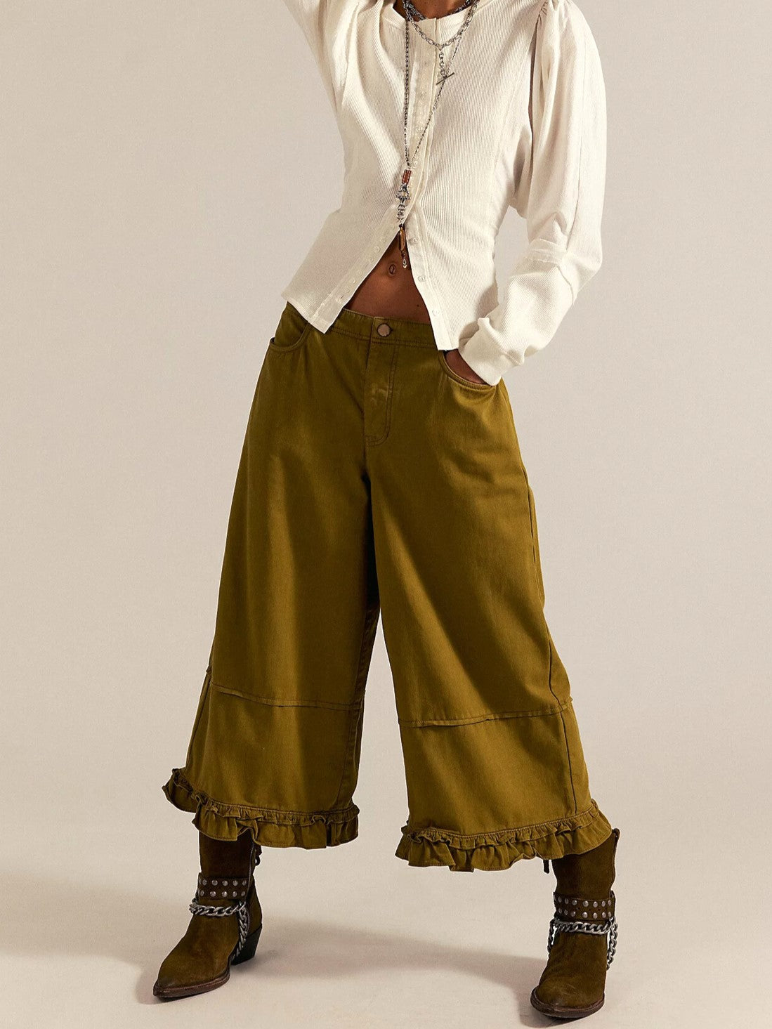Ruffle Hem Cropped Wide Leg Boho Jeans - Olive