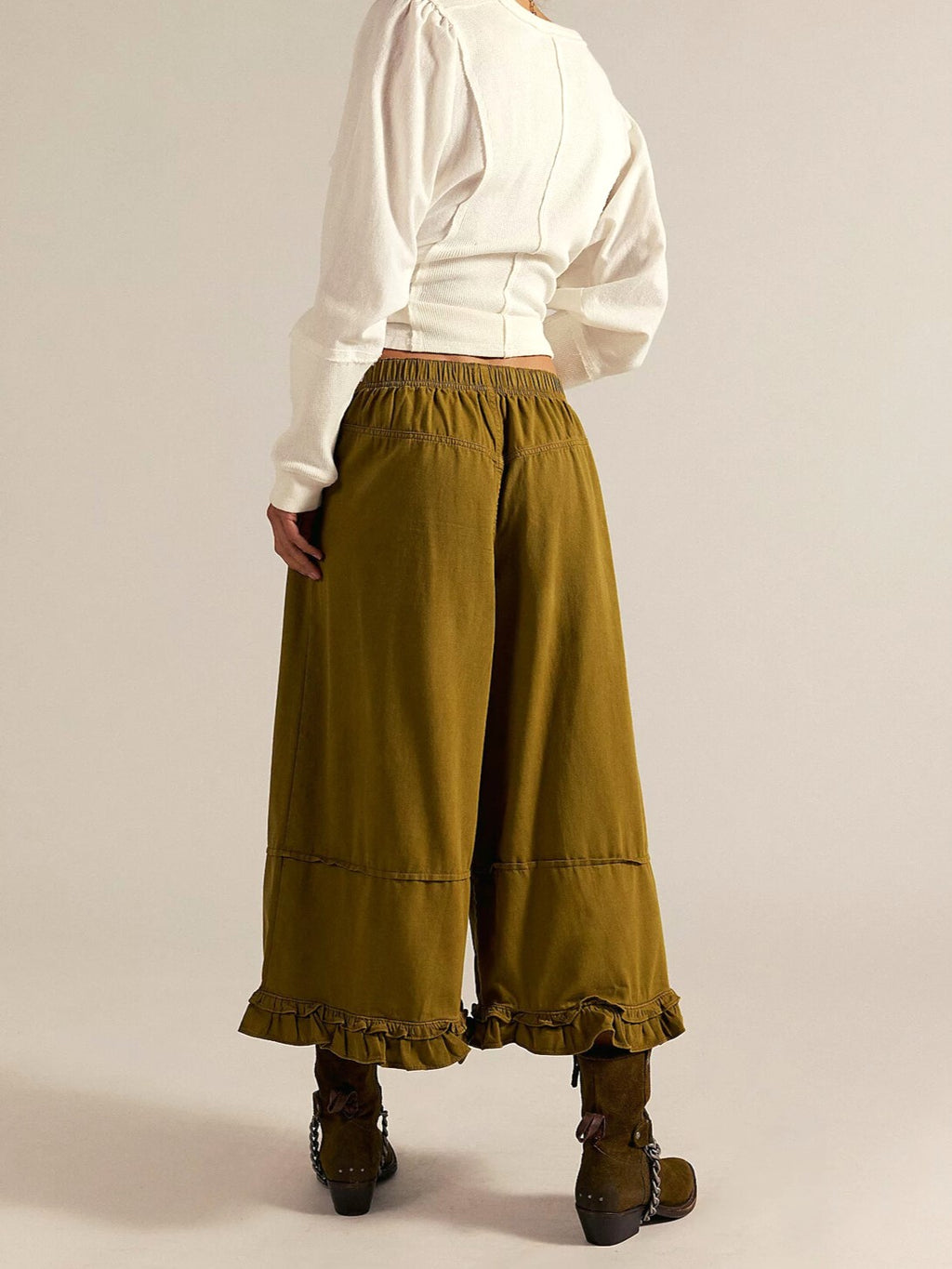Ruffle Hem Cropped Wide Leg Boho Jeans - Olive - 1